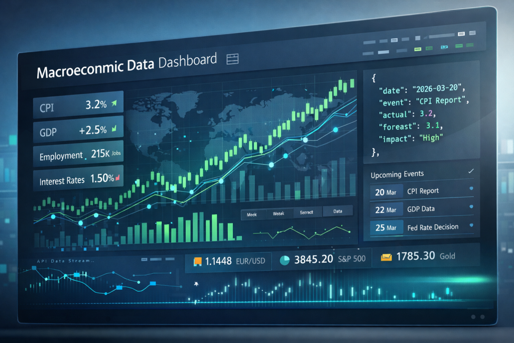 economic calendar API dashboard with macroeconomic indicators and financial charts