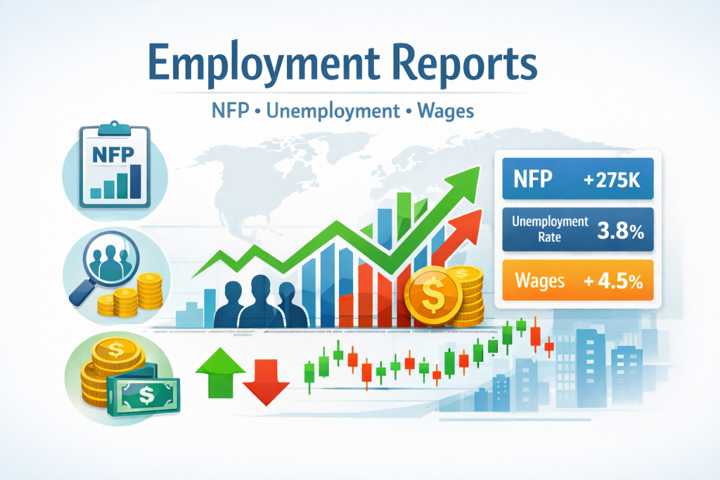 Employment reports calendar showing NFP, unemployment rate and wage data visualization