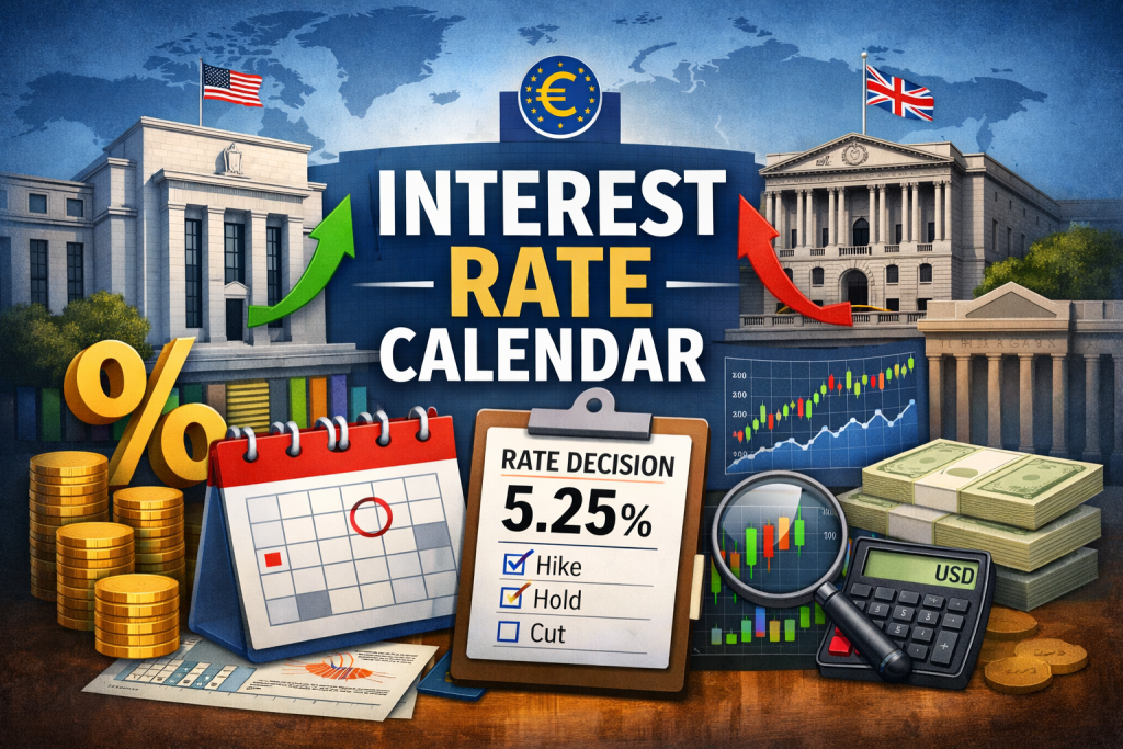 Interest rate decisions calendar showing central bank meetings and global rate changes