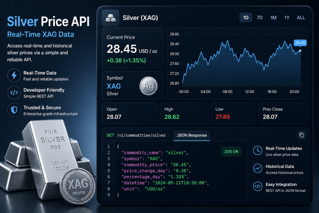 Silver price API dashboard showing XAG data and real-time JSON response
