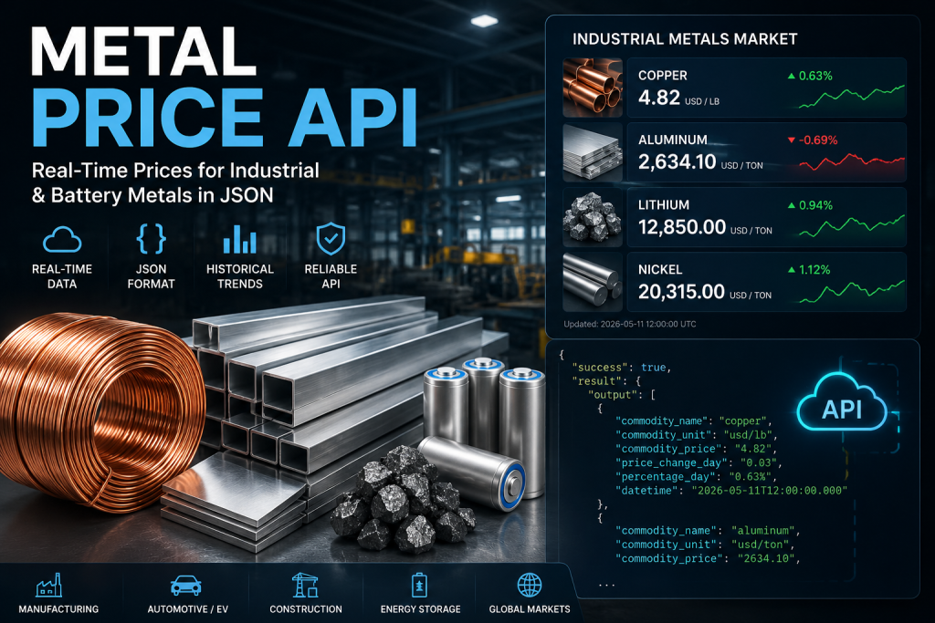 Metal Price API dashboard showing copper, aluminum, lithium, and industrial metals market data in JSON format