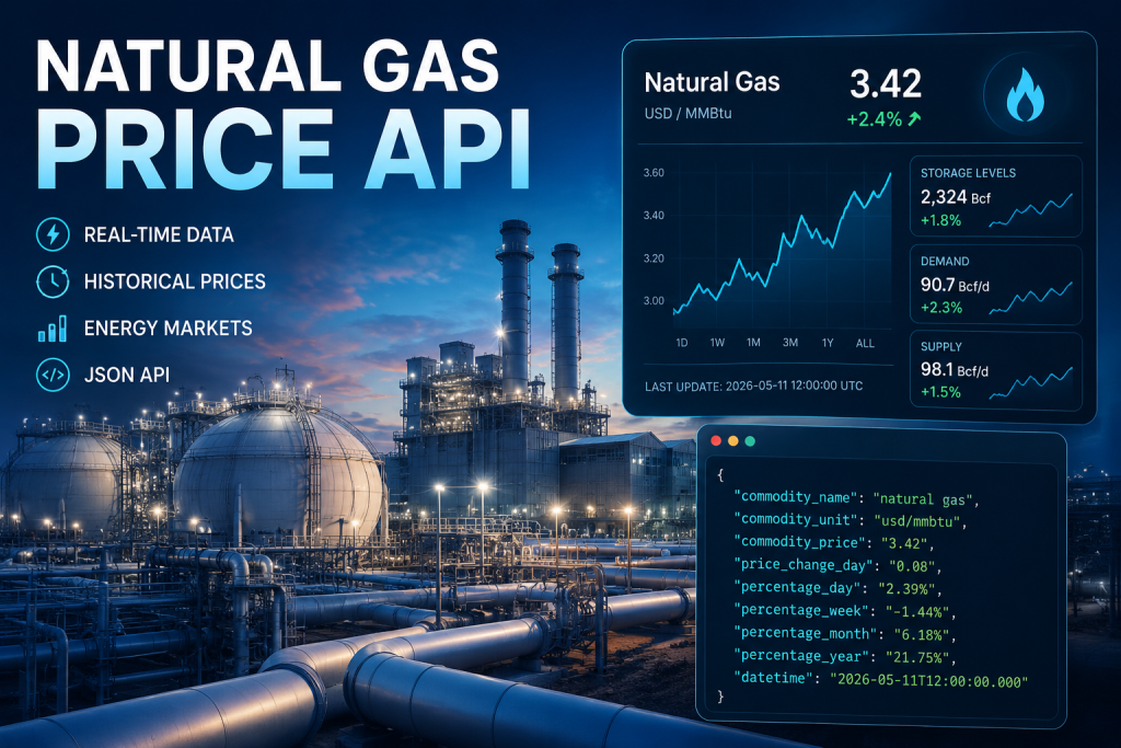 Natural Gas Price API dashboard showing real-time gas prices, LNG infrastructure, energy market analytics, and JSON data integration